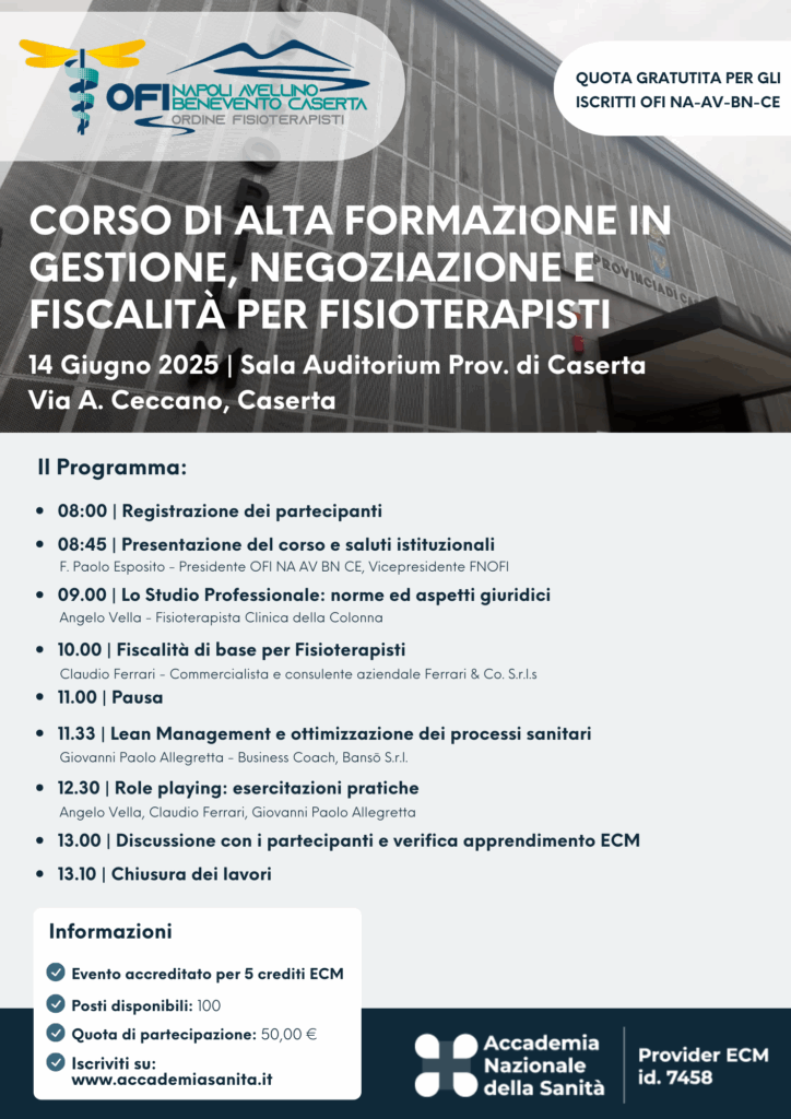 Corso di Alta Formazione in Gestione, Negoziazione e Fiscalità per Fisioterapisti - Locandina